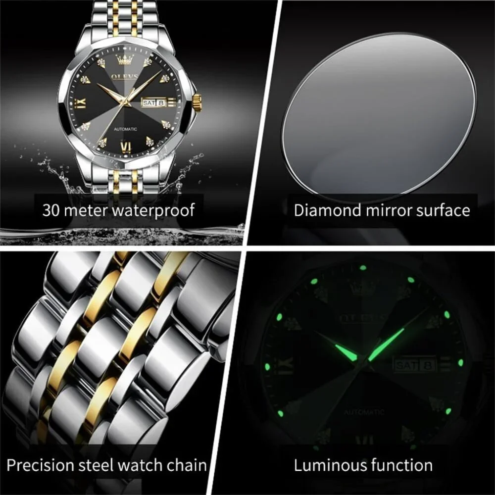 Olevs Men's Silver Gold Black Steel Man Watch with Date Luminous Stylish Watch